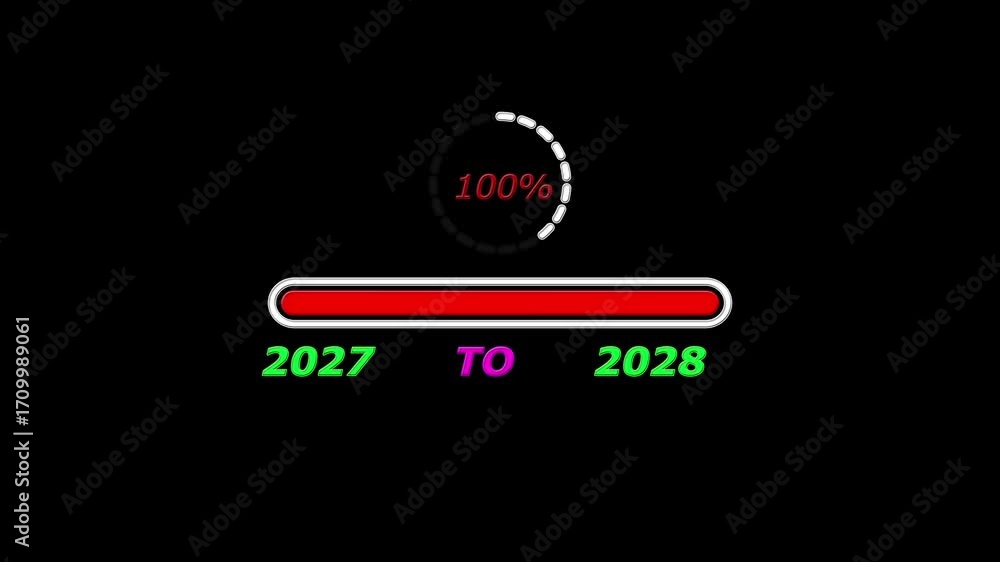 Poster new year 2028 loading bar animation. loading bar from 2027 to 2028 new year transfer, 0% to 100% cir