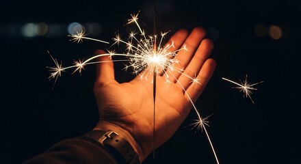Hand holding a sparkler in the dark, creating light trails.