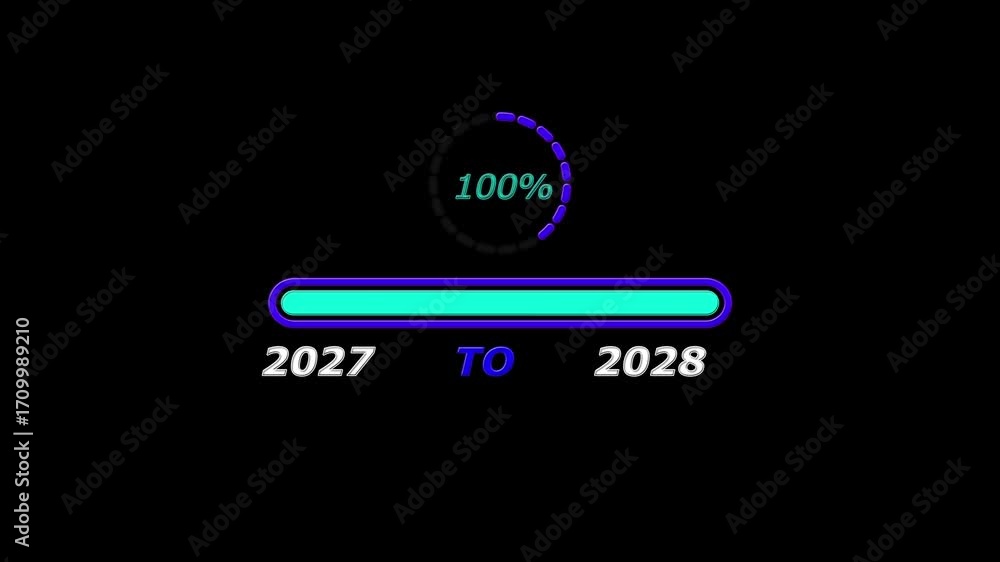 Poster new year 2028 loading bar animation. loading bar from 2027 to 2028 new year transfer, 0% to 100% cir