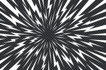 Manga thunder background arranges anime comic line bolts with radial spread and open center. Manga thunder bg vector design works for lightning effect, action shock frame, or abstract explosion art.