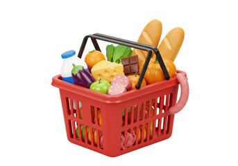 Red plastic shopping basket overflowing with milk, eggplant, baguette, cheese, chocolate, pumpkin, sausage, apples, oranges, leafy greens, red meat, isolated on transparent with copy space. Concept of