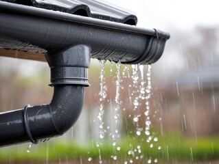 A close-up of a grey gutter and downspout system during rainfall, with water flowing and dripping from it.