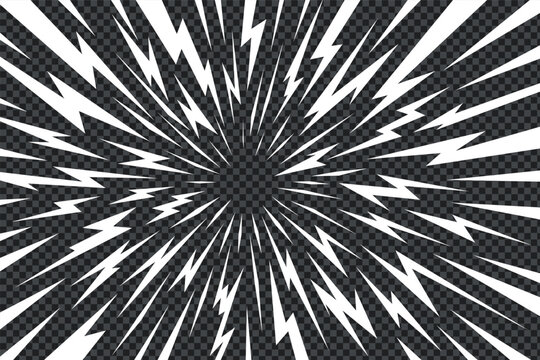 Manga thunder background arranges anime comic line bolts with radial spread and open center. Manga thunder bg vector design works for lightning effect, action shock frame, or abstract explosion art.