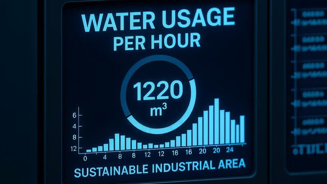 Water usage per hour data displayed digital display for sustainable industrial area with clear graph and numeric indicators for efficient resource