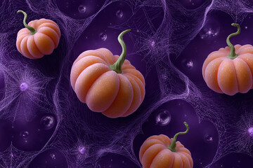 Whimsical Halloween: Pumpkins amidst shimmering webs and floating bubbles, set against a magical, dark purple backdrop.