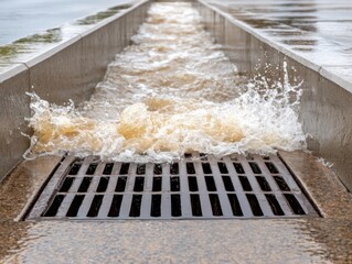 Turbulent muddy water rushes into a metal storm drain, overflowing in a concrete channel.