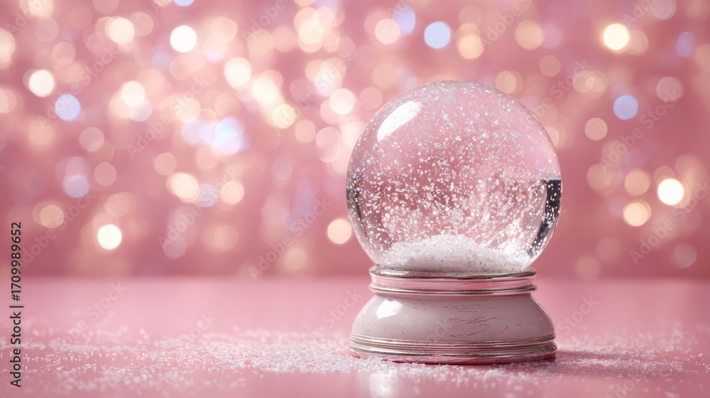 Wall mural blank empty snow globe with copy space surrounded by light flares and sparkling bokeh on soft pink b