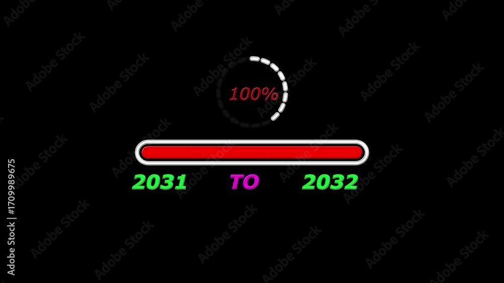 Poster new year 2032 loading bar animation. loading bar from 2031 to 2032 new year transfer, 0% to 100% cir
