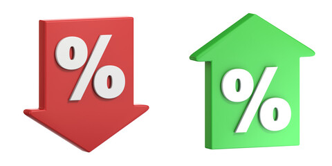 Red and green arrows with percent sign Sale concept 3D