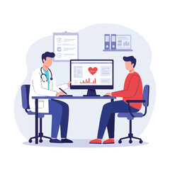 Flat 2D vector of a doctor consulting a male patient in a clinic, seated at a desk with a computer displaying health data, discussing a personalized wellness plan.