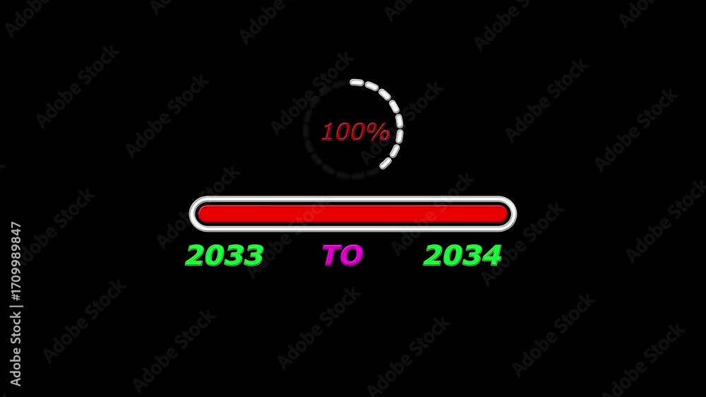 Poster new year 2034 loading bar animation. loading bar from 2033 to 2034 new year transfer, 0% to 100% cir