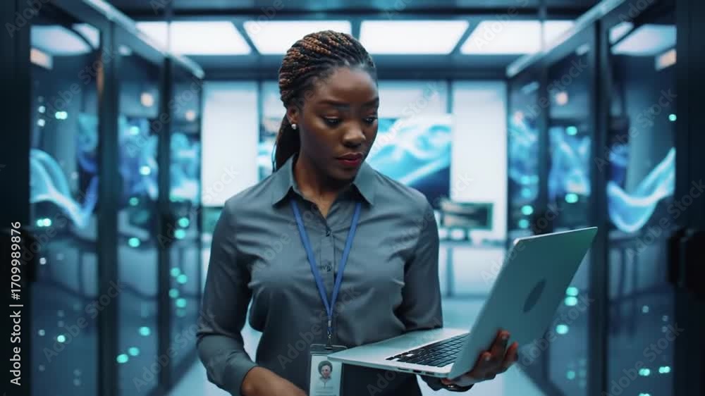 Poster female engineer with laptop in data center server room monitoring network