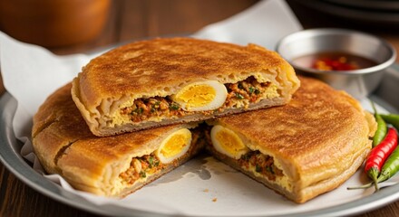 Savory stuffed flatbreads with minced meat and hard-boiled eggs, served on a metal plate with chili peppers and dipping sauce.
