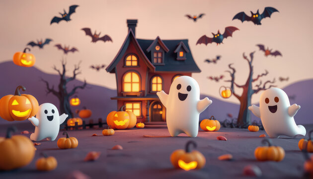 Cute cartoon ghosts and glowing jack-o'-lanterns in front of a haunted house with bats flying in the twilight sky, Halloween.