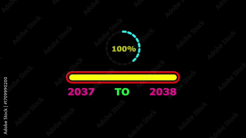 Poster new year 2038 loading bar animation. loading bar from 2037 to 2038 new year transfer, 0% to 100% cir