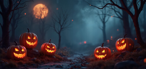 Spooky carved jack-o'-lanterns glowing brightly on a misty forest path under a dark sky with a full moon, Halloween.