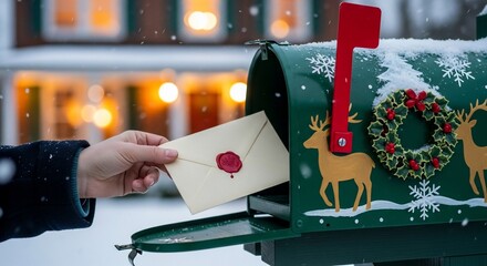 Holiday Mail - Hand Placing Sealed Letter in Decorated Mailbox.