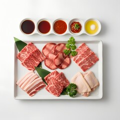Yakiniku ingredients on Platter with Assorted Raw Beef Pork and Chicken Cuts