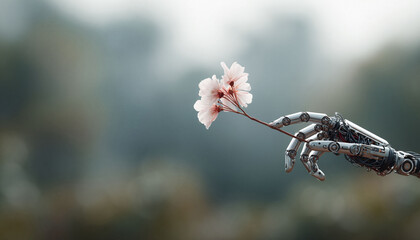 A robotic hand delicately holds a blossoming flower against a soft, blurred background. Represents technology, nature, future, beauty, and artificial intelligence themes.