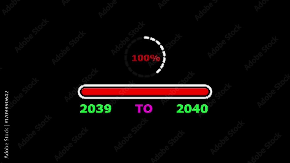 Poster new year 2040 loading bar animation. loading bar from 2039 to 2040 new year transfer, 0% to 100% cir
