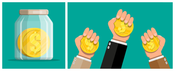 Gold dollar coin in glass savings jar. Man hands collecting money. Business investment, deposit growth, and financial economy concept.