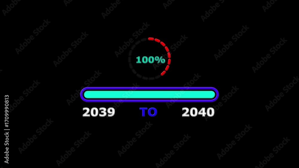 Poster new year 2040 loading bar animation. loading bar from 2039 to 2040 new year transfer, 0% to 100% cir