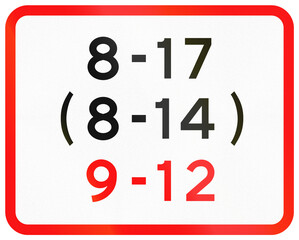 Danish additional road sign panel - Time spans for weekdays, saturdays and sundays