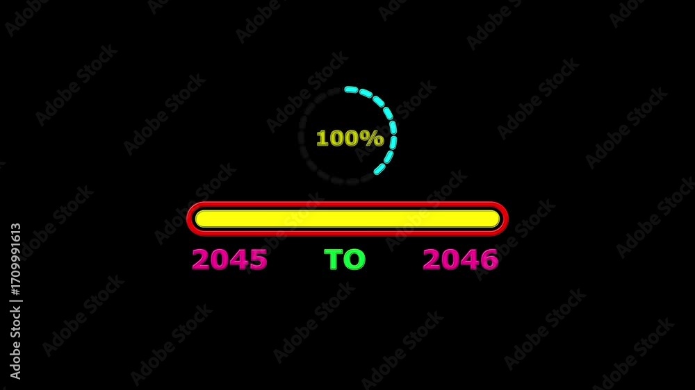 Poster new year 2046 loading bar animation. loading bar from 2045 to 2046 new year transfer, 0% to 100% cir
