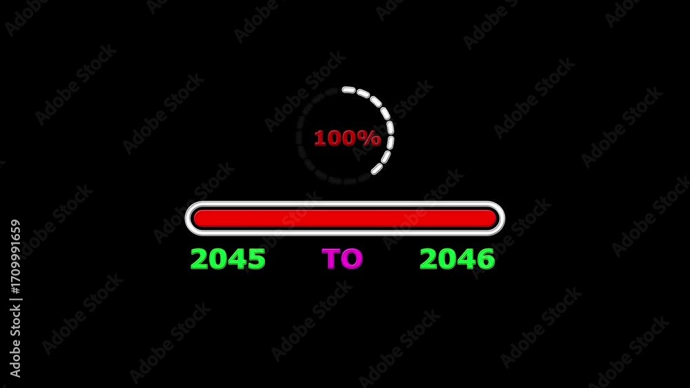Poster new year 2046 loading bar animation. loading bar from 2045 to 2046 new year transfer, 0% to 100% cir
