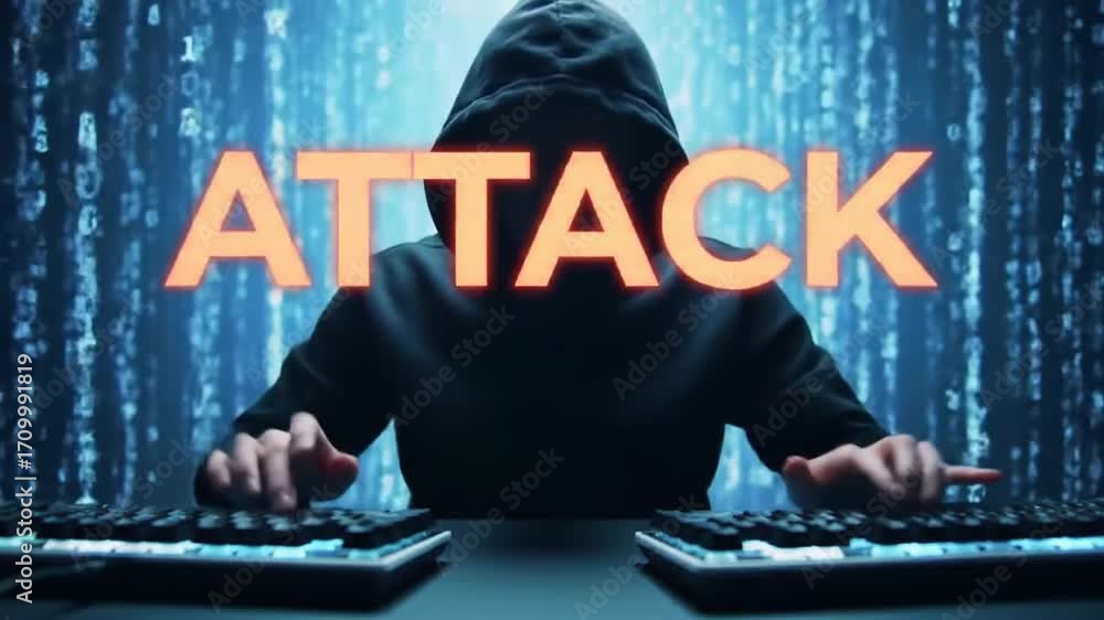 Aufkleber hacker in hood typing on keyboards with attack text overlaying blue digital background