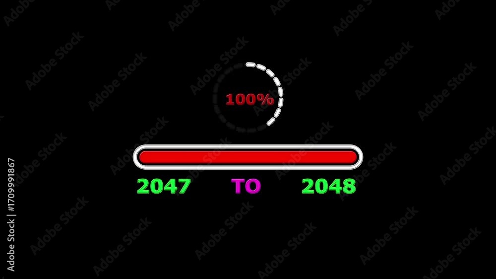 Poster new year 2048 loading bar animation. loading bar from 2047 to 2048 new year transfer, 0% to 100% cir