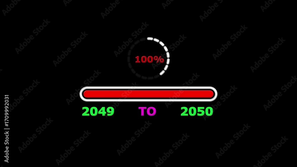 Poster new year 2050 loading bar animation. loading bar from 2049 to 2050 new year transfer, 0% to 100% cir