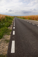 Straight asphalt country road with white markings surrounded by farmland and fields under a cloudy sky