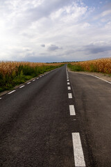 Straight asphalt country road with white markings surrounded by farmland and fields under a cloudy sky