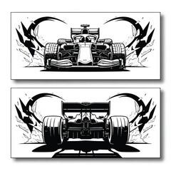 A dynamic black and white graphic illustration of a modern formula racing car, showing detailed front and rear views.
