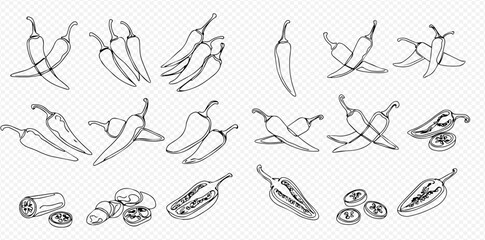 A collection of hand-drawn outline illustrations featuring various chili peppers, including whole, sliced, and halved peppers with visible seeds, arranged in...