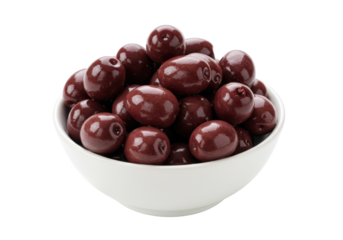 Plump, glossy dark red and deep purple Kalamata olives overflowing from an elegant white ceramic bowl, isolated on a transparent background with copy space, high-quality Mediterranean cuisine