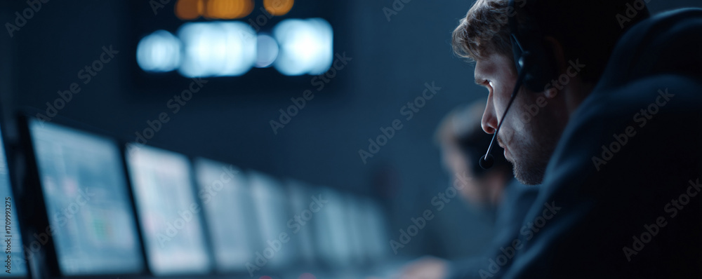 Poster focused analyst wearing a headset, monitoring data on multiple screens in a dimly lit control room. 