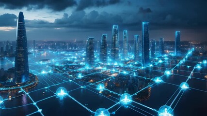 Glowing digital network grid overlaying modern city skyline at night with illuminated skyscrapers, blue neon connections and smart technology - Powered by Adobe