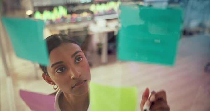Woman, writing and sticky notes for plan at workplace, satellite weather and analyze pattern. Moodboard, professional meteorologist and brainstorming on glass wall, investigation and climate data
