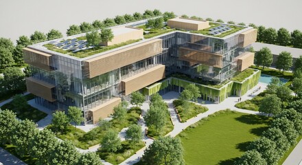 Modern Sustainable Building Design with Green Roof and Landscaping.