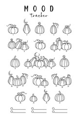 Pumpkin Mood Tracker for daily coloring and emotional tracking. Perfect for planners, bullet journal, and creativity enthusiasts. Printable outline and customizable design. PNG and vector illustration