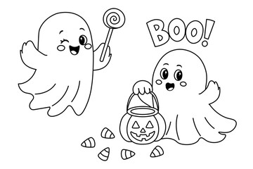 Cute Ghosts Halloween coloring page. Fun vector illustration of two adorable ghosts with candy and a pumpkin basket. Perfect for Halloween coloring books or kids' activities