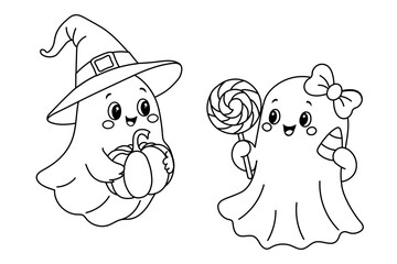 Cute Halloween Ghosts, isolated on a clean background. Adorable vector illustration of smiling Halloween ghosts with pumpkin and candy. Perfect for kids' designs, coloring pages, and holiday projects