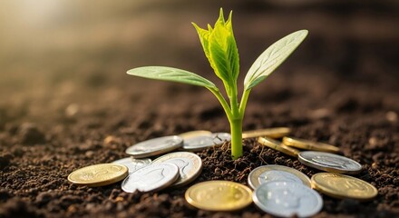 Money Tree - Seedling Growing Among Coins, Financial Growth Concept.