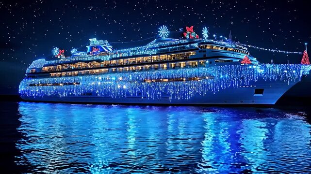 A cruise ship covered in colorful holiday lights glides through calm waters under a starry night sky during the Christmas season