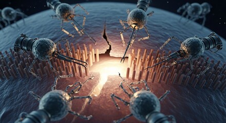 Nanobots repairing damaged tissue with precision tools under bright light, futuristic medical concept