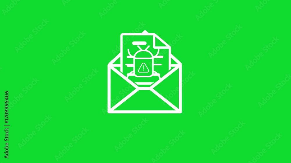 Poster white line art icon of a computer bug inside an open envelope with a document on a bright green back