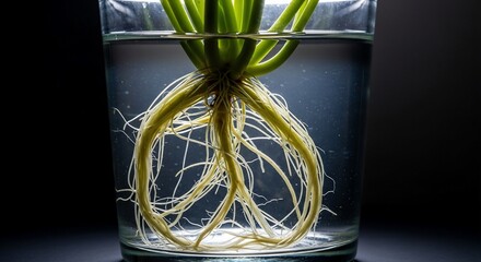Onion roots suspended in water, illuminated against a dark backdrop, showcasing intricate root structure