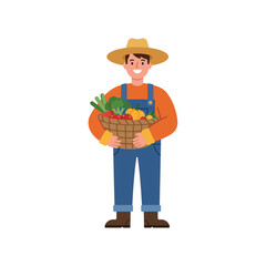 Vector art of smiling farmer wearing a straw hat and overalls, holding a basket full of fresh vegetables and fruits